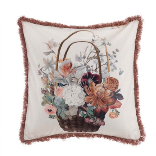 Cuscino Blanc Mariclò in velluto con stampa floreale a cesto di fiori e bordo rifinito con frange decorative.