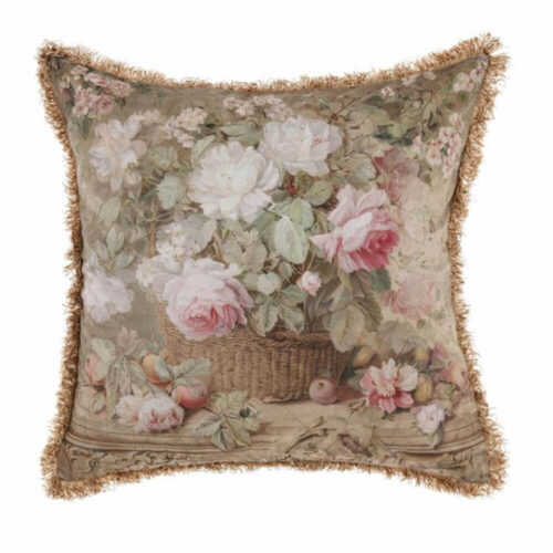 Coussin en velours Blanc MariClò avec imprimé floral de roses et bordure garnie de franges décoratives.