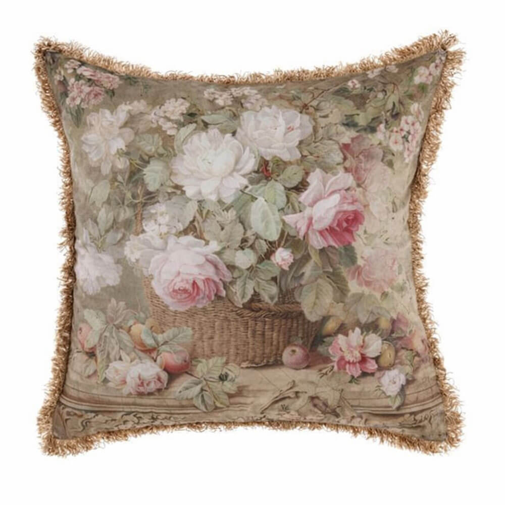 Coussin en velours Blanc MariClò avec imprimé floral de roses et bordure garnie de franges décoratives.