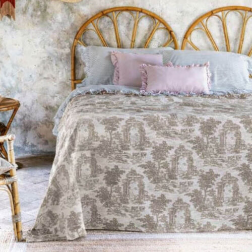 Couvre-lit double en nid d'abeille avec imprimé Toile de Jouy en couleur naturelle collection Terra e Toile