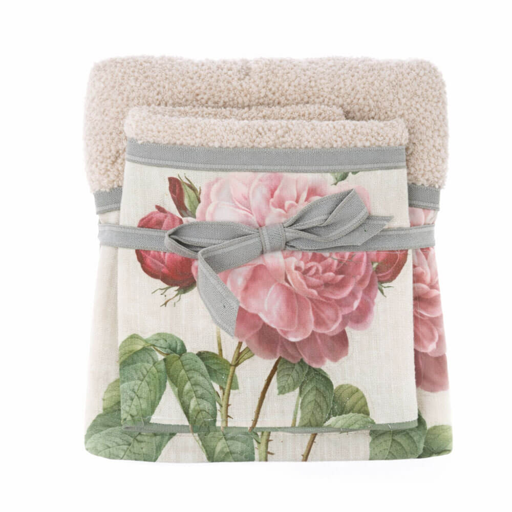 Par de toallas de algodón Blanc MariClò con volante floral rosa y lazo gris