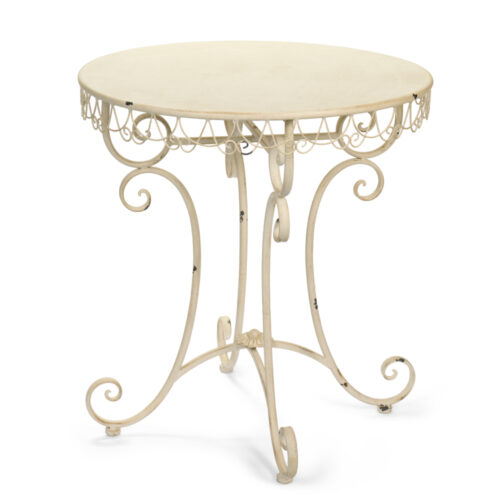 Tavolo rotondo in metallo avorio anticatato con decori a ricciolo e bordo lavorato, stile shabby chic, diametro 70 cm.
