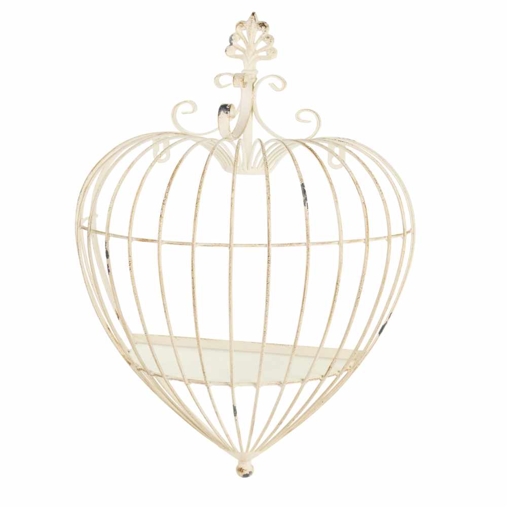 Cage à suspendre en métal couleur ivoire antique, avec décoration supérieure et base intérieure, collection Fiorirà, 30x16x48 cm.