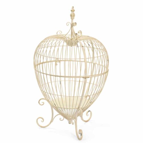 Gabbia decorativa in metallo avorio anticato con piedini a ricciolo e base interna, formato grande 46x46x78 cm.