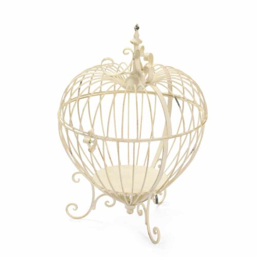 Gabbia portavaso in metallo avorio anticato con piedini a ricciolo, sportellino laterale e base interna, 28x28x41 cm.