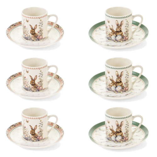 Set 6 tazzine con piattino in porcellana PePen Nuvole di Stoffa con coniglietti pasquali e scatola regalo.