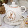Té de cerámica PePen para una persona con tetera, taza y platillo decorados con conejitos de Pascua, Nuvole di Stoffa.
