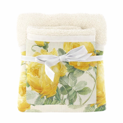 Coppia asciugamani Blanc Mariclò con balza floreale gialla e fiocco bianco in cotone
