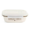 Contenitore in ceramica stoneware color crema con tappo in plastica e scritta “Mangia e sorridi”, stile shabby chic.