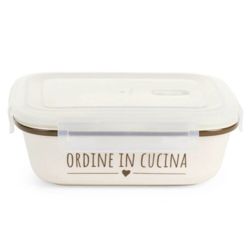 Contenitore in ceramica stoneware color crema con tappo in plastica e scritta decorativa “Ordine in cucina”, stile shabby chic.