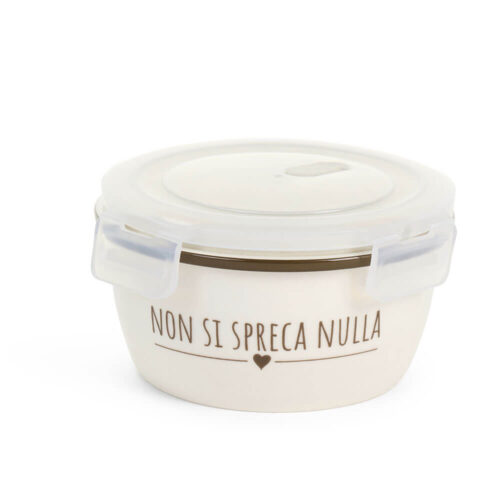 Contenitore rotondo in ceramica stoneware color crema con tappo in plastica e scritta “Non si spreca nulla”, stile shabby chic.