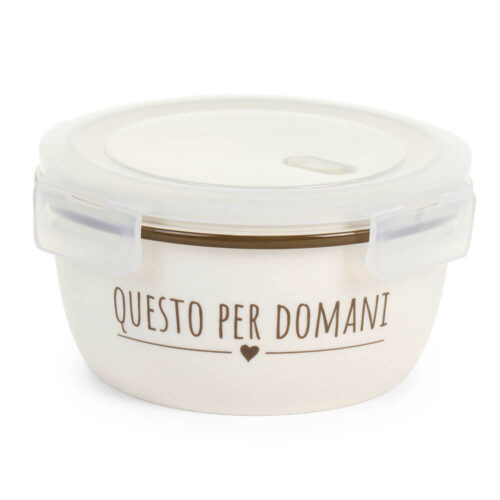 Contenitore rotondo in ceramica stoneware color crema con tappo in plastica e scritta “Questo per domani”, stile shabby chic.