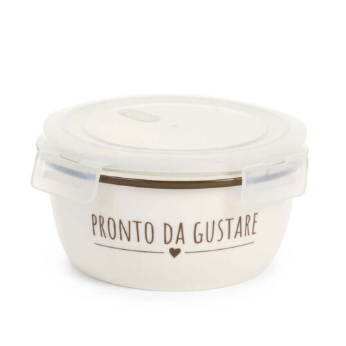 Contenitore rotondo in ceramica stoneware color crema con tappo in plastica e scritta “Pronto da gustare”, stile shabby chic.