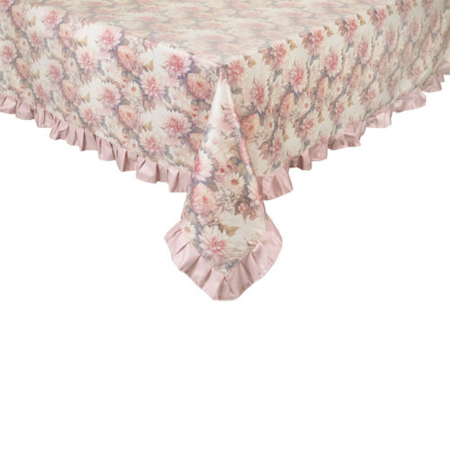 Tovaglia plastificata antimacchia Melisse con fantasia floreale rosa e bordo con rouche rosa, collezione Garden Chic, 155x260 cm.