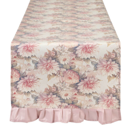 Runner plastificato Melisse rosa con fantasia floreale cipria e foglie verdi, bordo con rouche rosa, 155x50 cm.