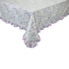 Tovaglia plastificata antimacchia Violette verde menta con fiori lilla e bordo con rouche lilla, collezione Garden Chic, 155x260 cm.