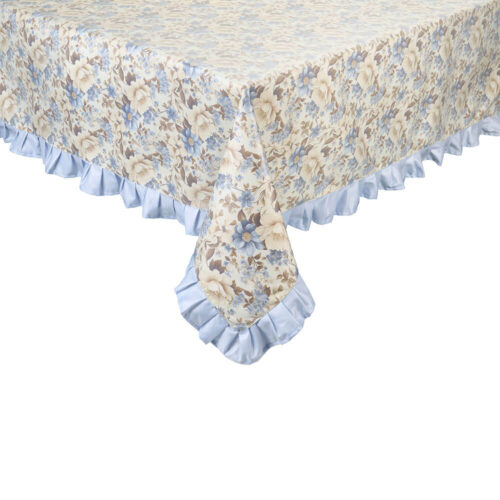 Tovaglia plastificata antimacchia celeste azzurra con stampa floreale e bordo con rouche, collezione Garden Chic, 155x320 cm.