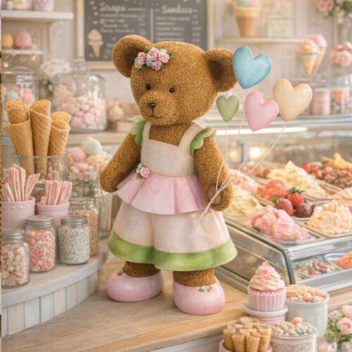 Orsa decorativa Sweet Bear con abito rosa e crema e palloncini a cuore pastello, Nuvole di Stoffa, altezza 60 cm.