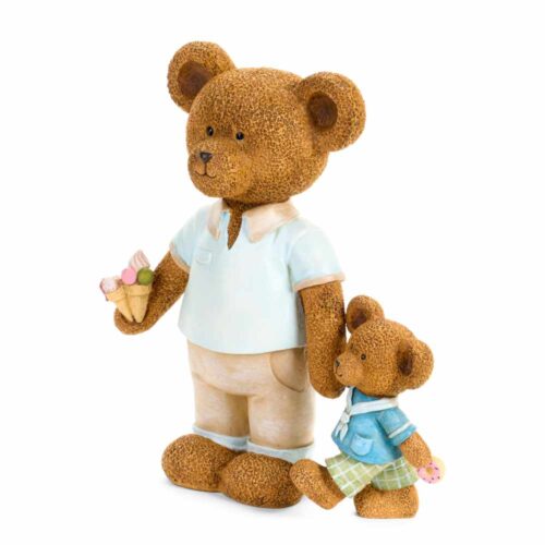Statua decorativa con orso e orsetto, gelato in mano, abiti azzurri e beige, stile Sweet Bear.