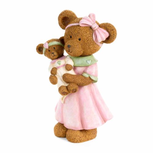 Statuina Sweet Bear: orsa con fiocco rosa che abbraccia orsetta, colori pastello verde e rosa, effetto vellutato.