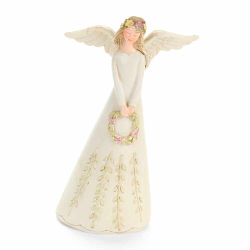 Angelo in resina avorio con ali aperte e ghirlanda floreale, coroncina di fiori pastello e decori a tralci sulla veste, 15 cm.