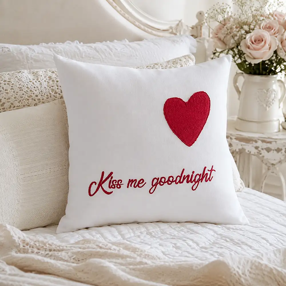 Cuscino Blanc Mariclò in lino bianco 40x40 cm con ricamo rosso "Kiss Me Goodnight" e cuore decorativo, lavabile e sfoderabile.