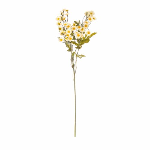 Ramo artificial de margaritas blancas con centro amarillo y hojas verdes, tallo largo, 24x12x61 cm.