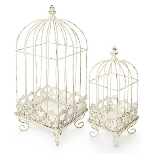Set di 2 gabbie decorative in metallo bianco anticato, una grande e una piccola, con base traforata e piedini ricci.