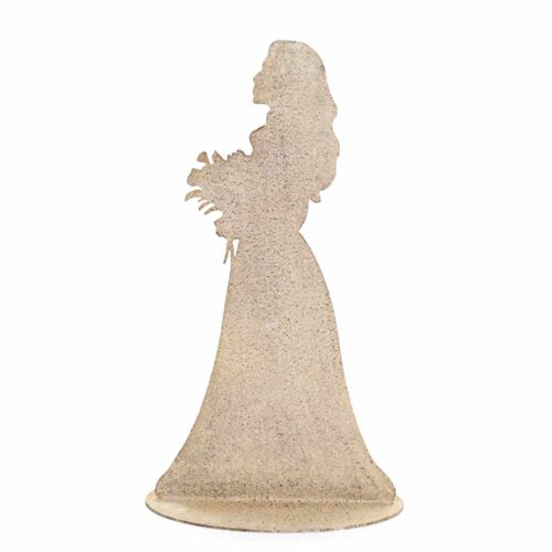Silhouette decorativa in metallo beige anticato con mazzo di fiori, figura femminile su base tonda, 23x15x41 cm.