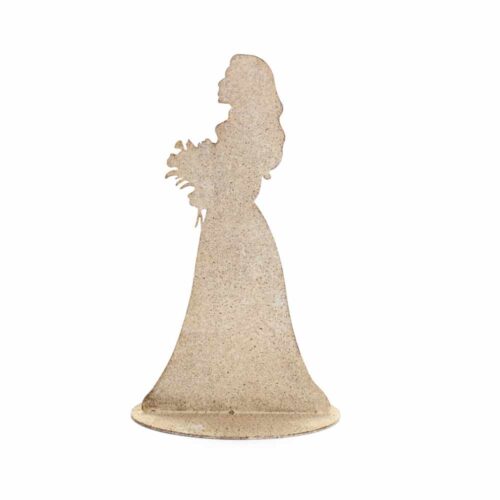 Silhouette in metallo beige anticato con mazzo di fiori, figura femminile su base tonda, 18x12x31 cm.