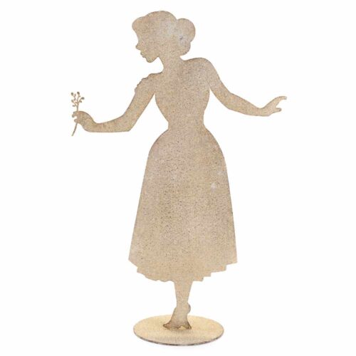 Silhouette in metallo beige anticato con fiore, figura femminile su base tonda, collezione Fiorirà, 34x15x52 cm.