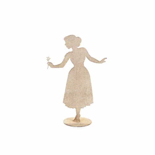 Silhouette in metallo anticato beige con fiore, su base tonda, collezione Fiorirà, 20,5x10x31 cm.