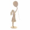 Silhouette decorativa in metallo beige anticato, bambina con palloncino e base tonda, 18x15x59 cm.
