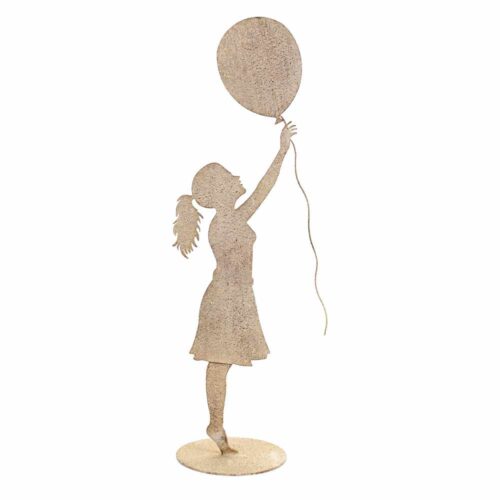 Silhouette decorativa in metallo beige anticato, bambina con palloncino e base tonda, 18x15x59 cm.