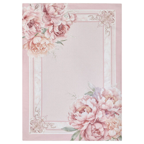 Tappeto rosa cipria con peonie acquerellate e cornice decorata, stile shabby chic, 154x220 cm.