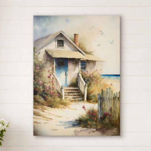 Quadro decorativo con casa sulla spiaggia, colori pastello e stile shabby chic marinaro.