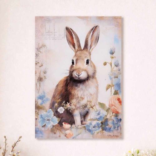 Quadro con coniglio e fiori azzurri in stile romantico, già intelaiato, collezione PePen.