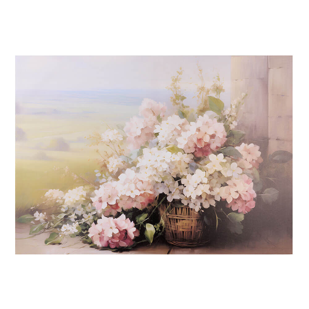 Nuvole di Stoffa Toile panier fleurs 50x70x2,5 1 Toile 50x70 avec panier tressé rempli de fleurs blanches et roses poudrées, fond lumineux et délicat, prête à être accrochée.