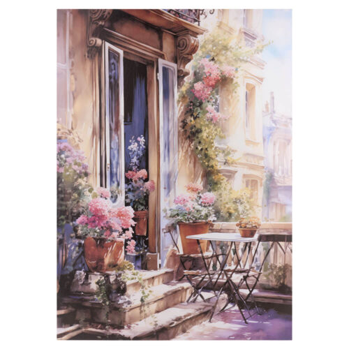Toile canvas 50x70 avec balcon fleuri, pots de géraniums roses, plantes grimpantes et petite table avec chaises, impression effet aquarelle, prêt à accrocher.