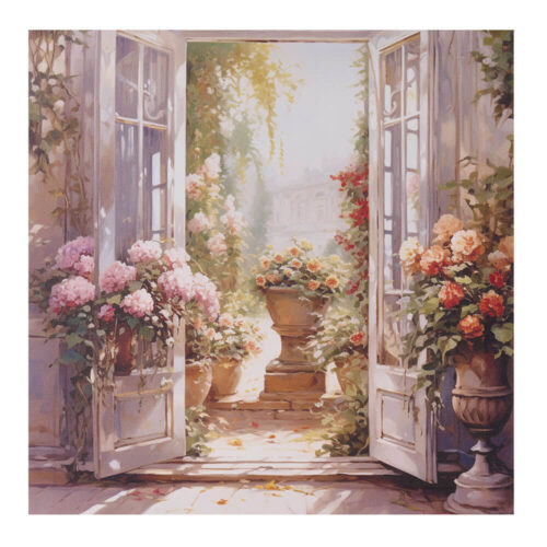 Peinture sur toile 30x30 Fiorirà avec fenêtre ouverte sur cour fleurie, pots de fleurs et lumière naturelle, prête à accrocher.