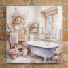Quadro canvas 30x30 con scena bagno shabby chic: vasca lilla, fiori rosa, mobili in legno e finestra, pronto da appendere.