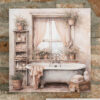 Peinture sur toile de salle de bain 30x30 rose avec baignoire vintage, fenêtre avec rideaux, serviettes et plantes dans le style Shabby Chic.