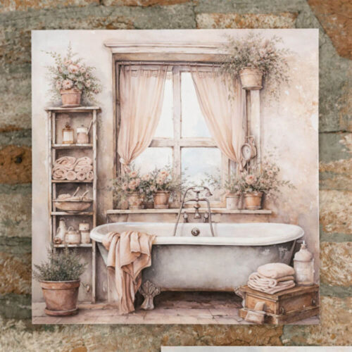 Peinture sur toile de salle de bain 30x30 rose avec baignoire vintage, fenêtre avec rideaux, serviettes et plantes dans le style Shabby Chic.