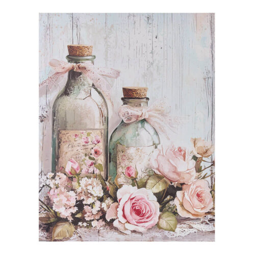Peinture sur toile 27x35 avec deux bouteilles en verre, des bouchons, des noeuds roses et des roses sur un fond en bois clair, prête à être accrochée.