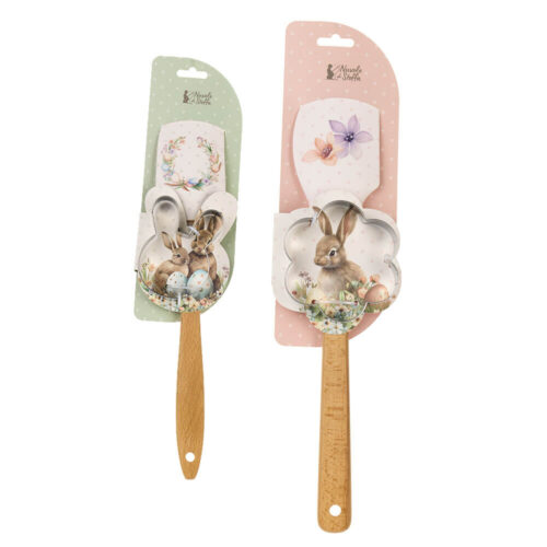 Set di spatole in silicone con manico in legno e stampini in acciaio decorati con conigli e fiori.