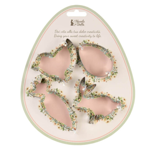 Set 4 stampi pasquali PePen Nuvole di Stoffa in metallo con forme uovo, coniglio, carota e pulcino.