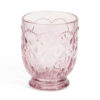 Bicchiere in vetro rosa trasparente con decoro a rilievo e bordo perlato, collezione Fiorirà, Ø8x10 cm.