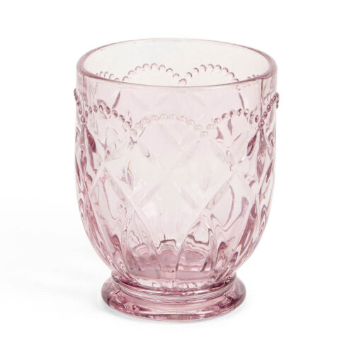 Bicchiere in vetro rosa trasparente con decoro a rilievo e bordo perlato, collezione Fiorirà, Ø8x10 cm.