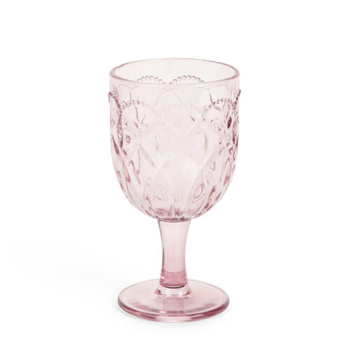 Calice in vetro rosa trasparente con decoro a rilievo e bordo perlato, collezione Fiorirà, Ø8,4x16 cm.