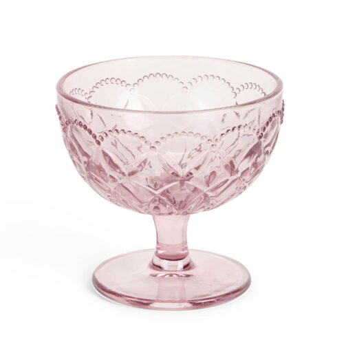Coppetta in vetro rosa trasparente con decoro a rilievo e bordo perlato su base, collezione Fiorirà, Ø11x10,4 cm.